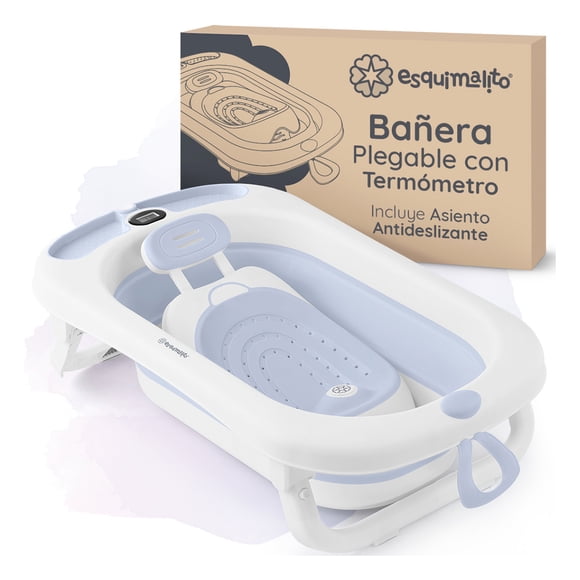 Bañera para Bebé con Termómetro Esquimal, Tina de Baño Plegable con Asiento Antideslizante Azul