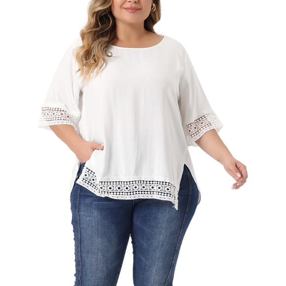 Camisetas de talla grande Agnes Orinda para mujeres, cuello redondo, encaje de ganchillo, camisas de manga corta, blusas casuales 4X blancas