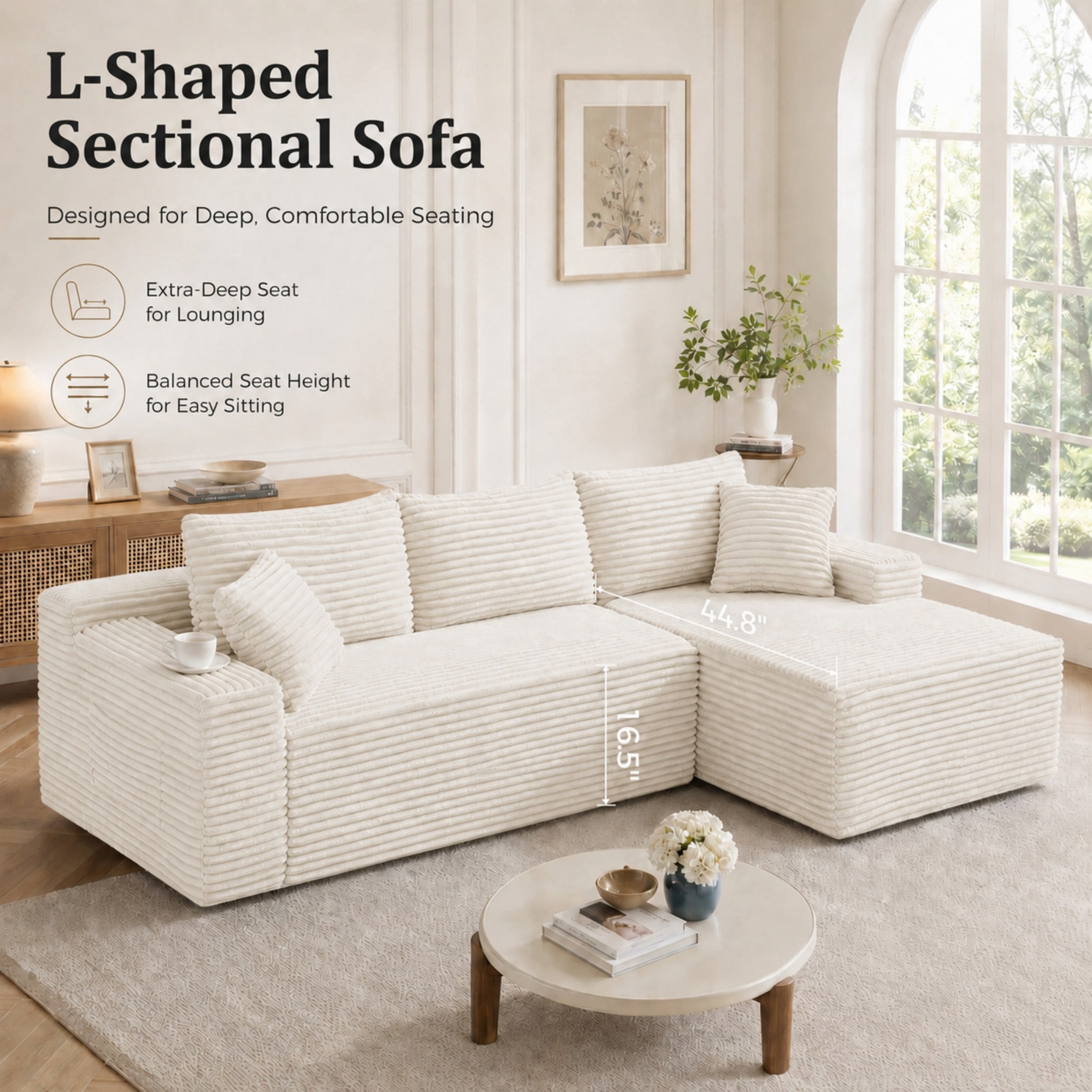 Aenkyo 106 Inch Corduroy L-Shaped Cloud Sectional Sofa with Reversible Chaise, Cream