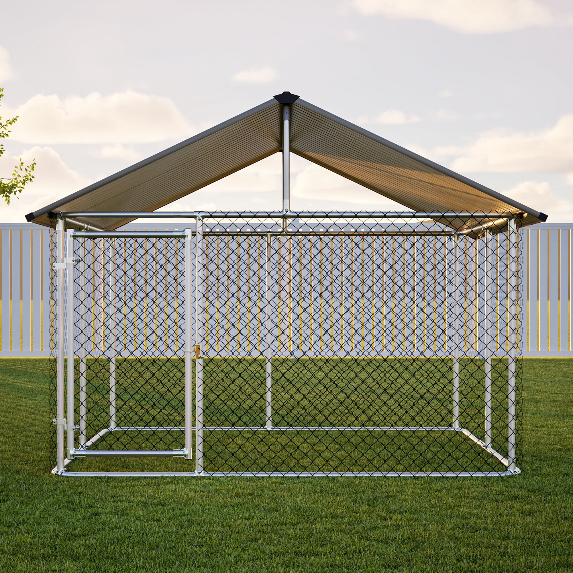 Heavy Duty Galvanized Steel Dog Kennel Outdoor Large Pet Enclosure with Waterproof UV-Resistant Roof, Secure Locking Door for Large Breed Dogs, Backyard, Patio - 91" x 90" x 73"