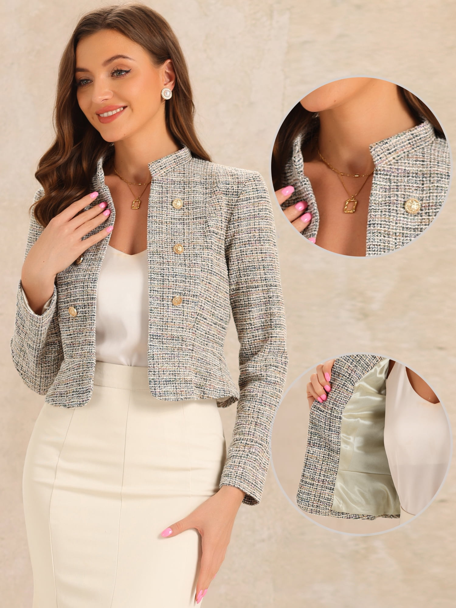 DARING DIVA Women's Elegant Stand Collar Business Plaid Tweed Blazer S Apricot