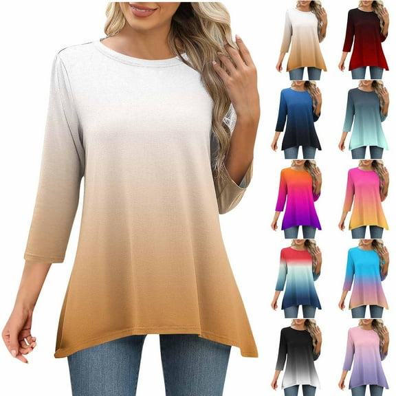 Ahuyic Womens Plus Size Top, Casual 3/4 Sleeve Blouse For Autumns And Winter, Womens Fashion Printed T-shirt 3/4 Sleeves Blouse Round Neck Casual