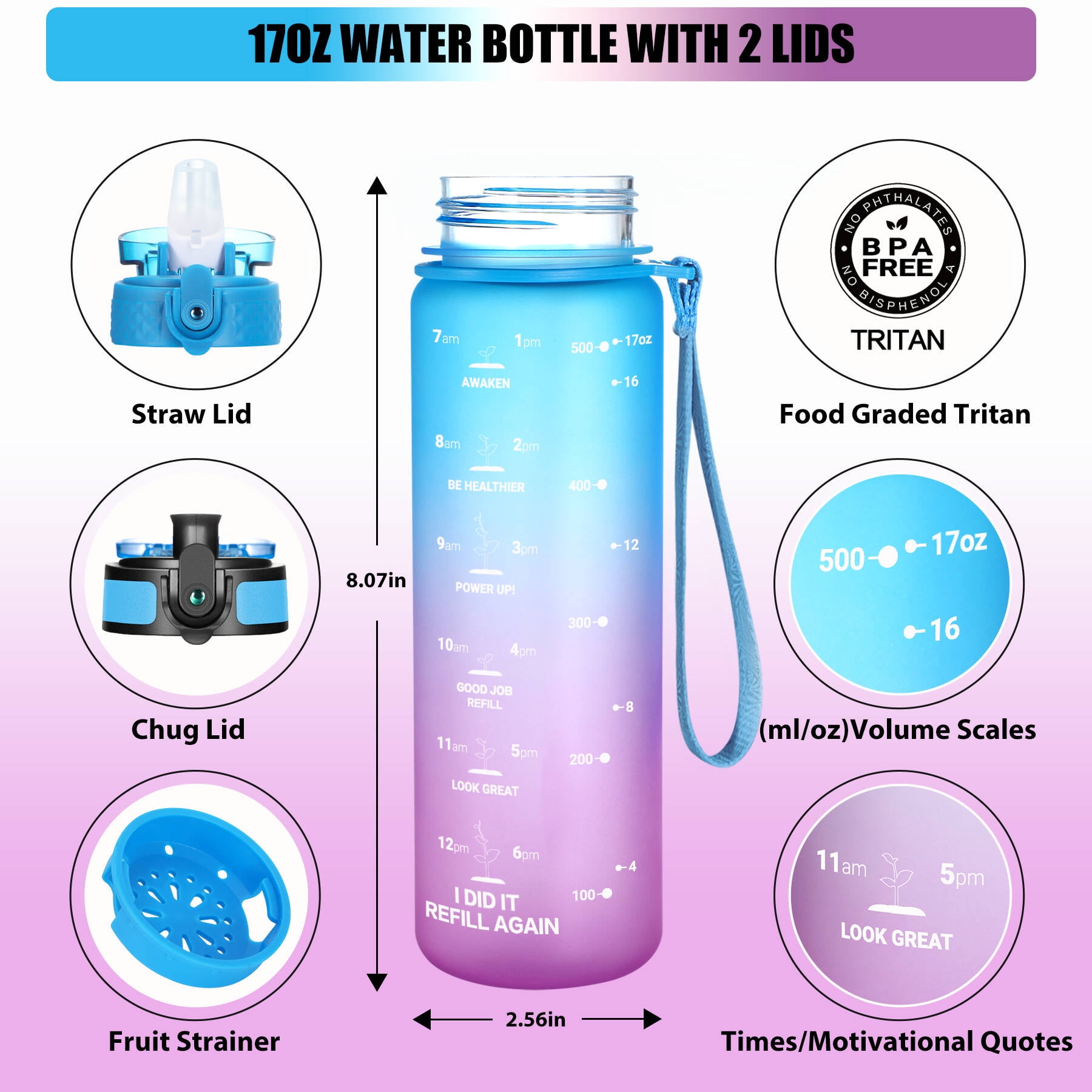 OLDLEY Kids Water Bottle for School with Straw Chug Lid, 15 oz Unbreakable  Leak-Proof BPA-Free Motivational Water Bottles with Time Marker for Travel  Sports Gym, 2 Lids, Mint Purple - Yahoo Shopping