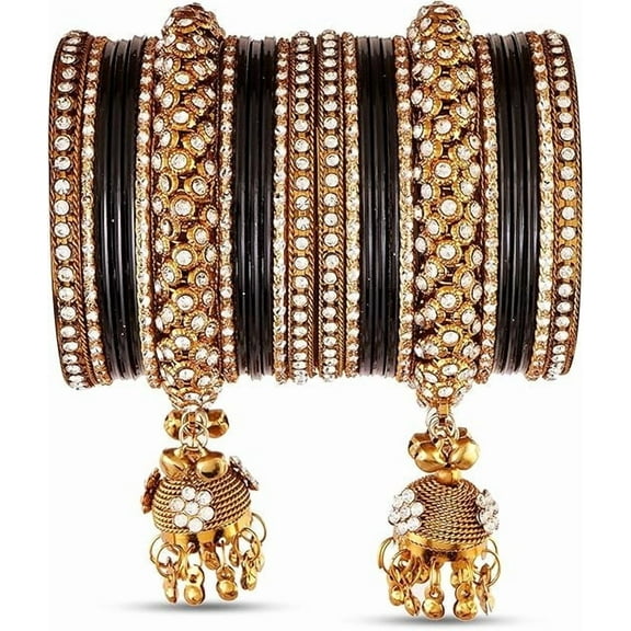 Traditional Indian Bangle Set for Women – Handmade Filigree Gold Plated Bangles with Rhinestones – Ethnic Metal Bracelets for Weddings, Festivals & Bridal Wear