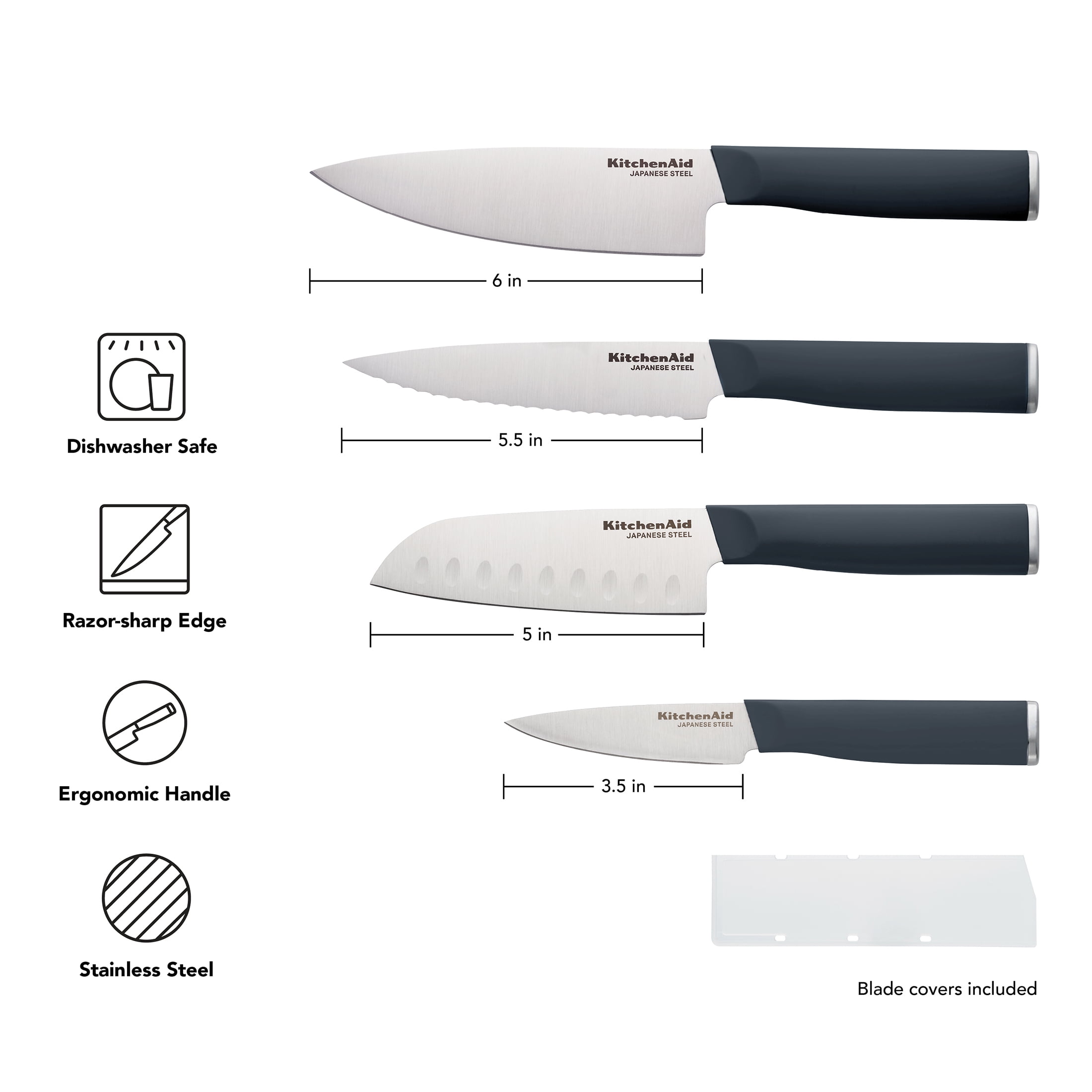 KitchenAid 4-Piece Chef Knife Set with Blade Covers, High-Carbon Japanese Steel, Charcoal Gray