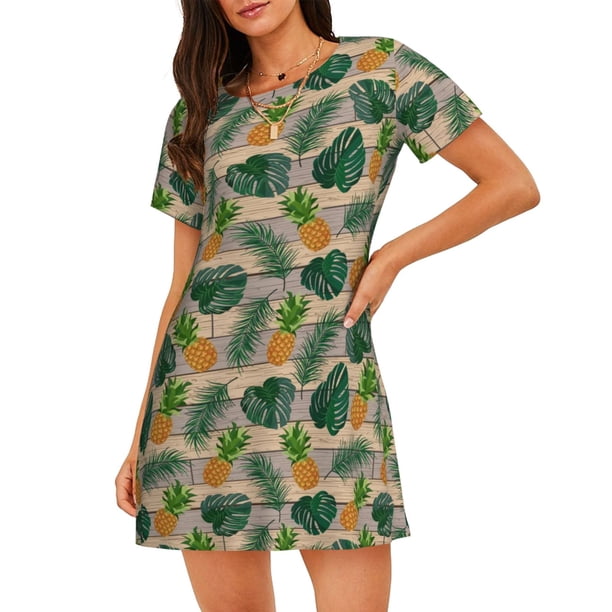 Balery Pineapples Palm Leaves Camisón de manga corta con cuello redondo para mujer, cómodo y elegante.