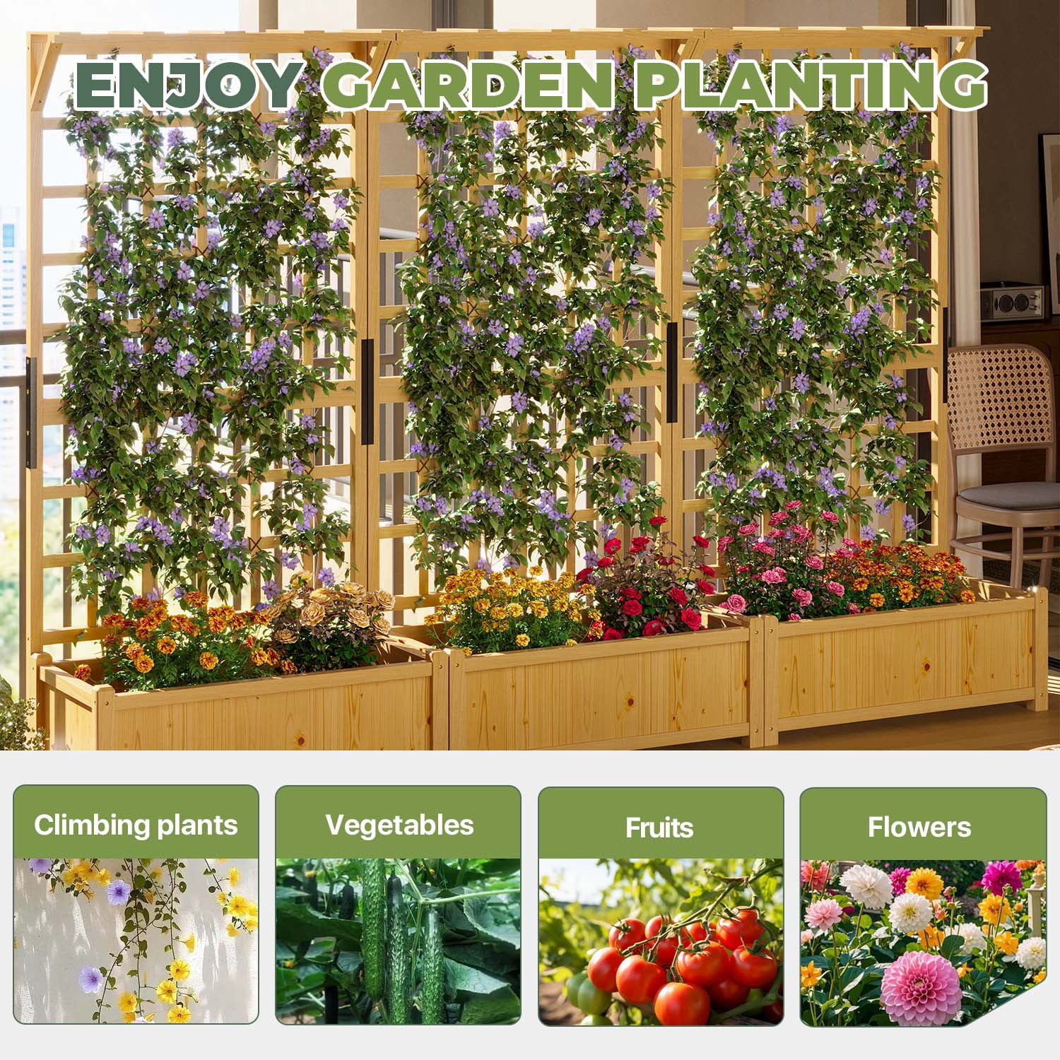 BaPiPro Yellow-Brown Tall Wood Planter Box with Trellis - 36" Raised Garden Bed with Hanging Roof, Outdoor Elevated Planter for Climbing Plants, Flowers - 3-Pack for Patio, Balcony