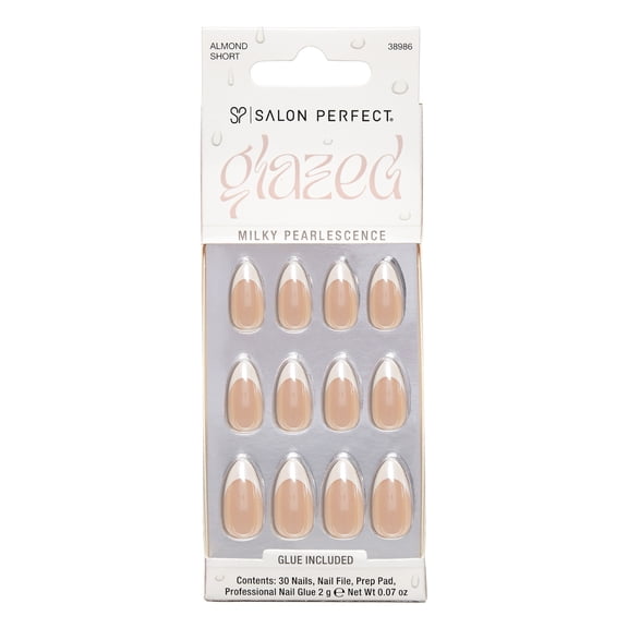 Salon Perfect Artificial Fake Press On Nails, 250 Glazed French, Short Almond, File, Glue, and Prep Pad Included, 30 Nails