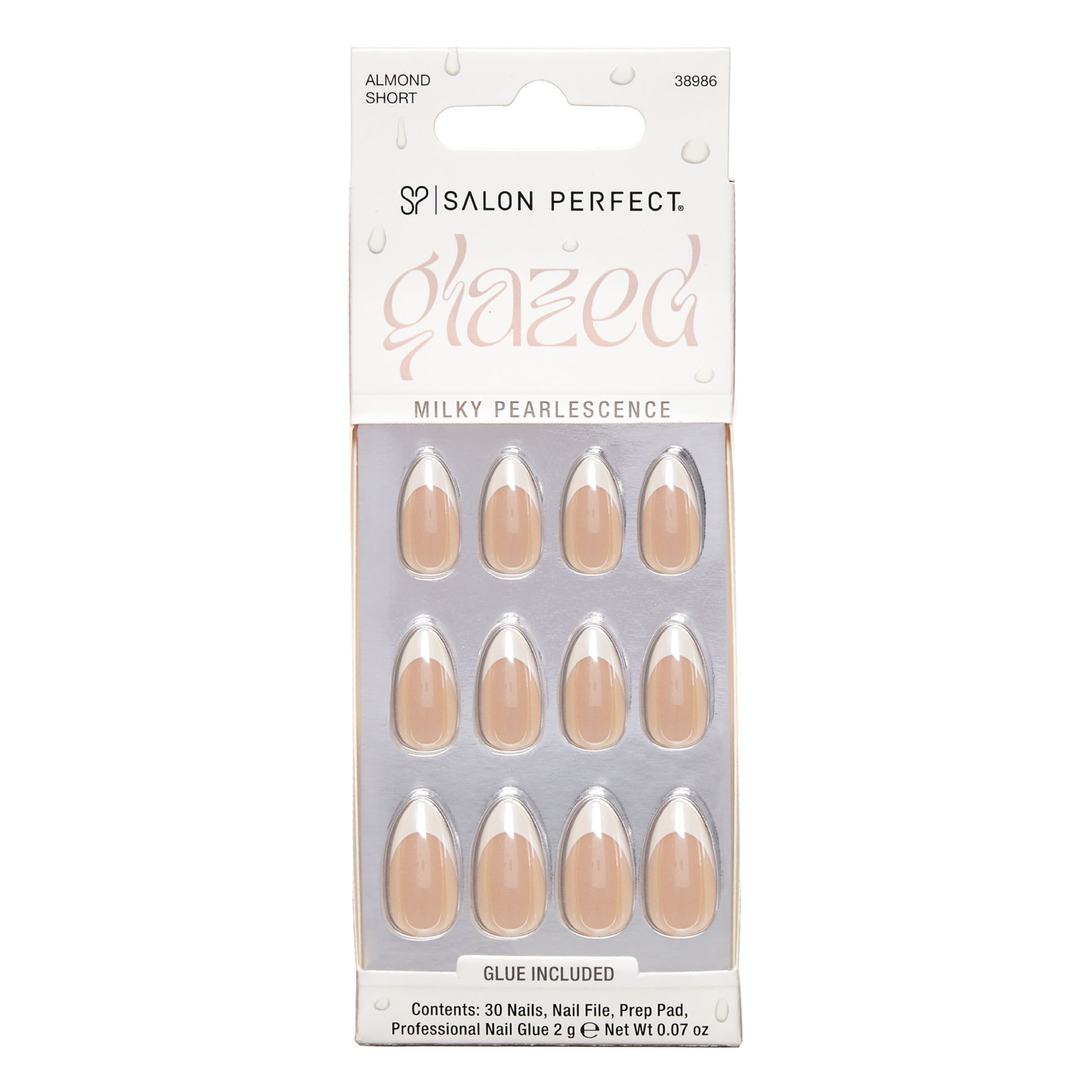 Salon Perfect Artificial Fake Press On Nails, 250 Glazed French, Short Almond, File, Glue, and Prep Pad Included, 30 Nails