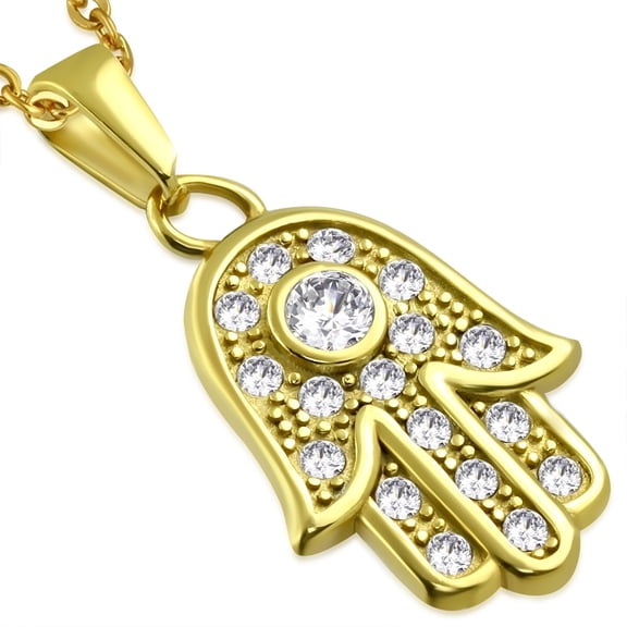 Stainless Steel Yellow Gold-Tone Hamsa Hand Protection Pendant Necklace, 18"