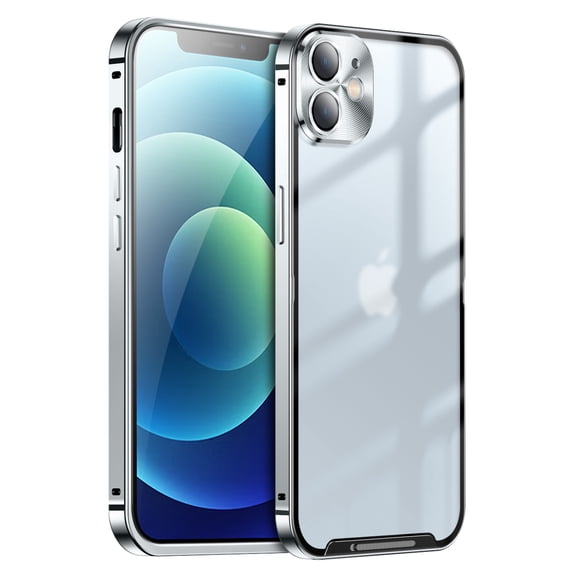 ELEHOLD for iPhone 12 6.1 Inch Case with Buckle Safety Lock, Slim Metal Bumper Frame Matte Clear PC Back Glass Lens Film All-Inclusive Camera Lens Full Protection Case for iPhone 12,Silver