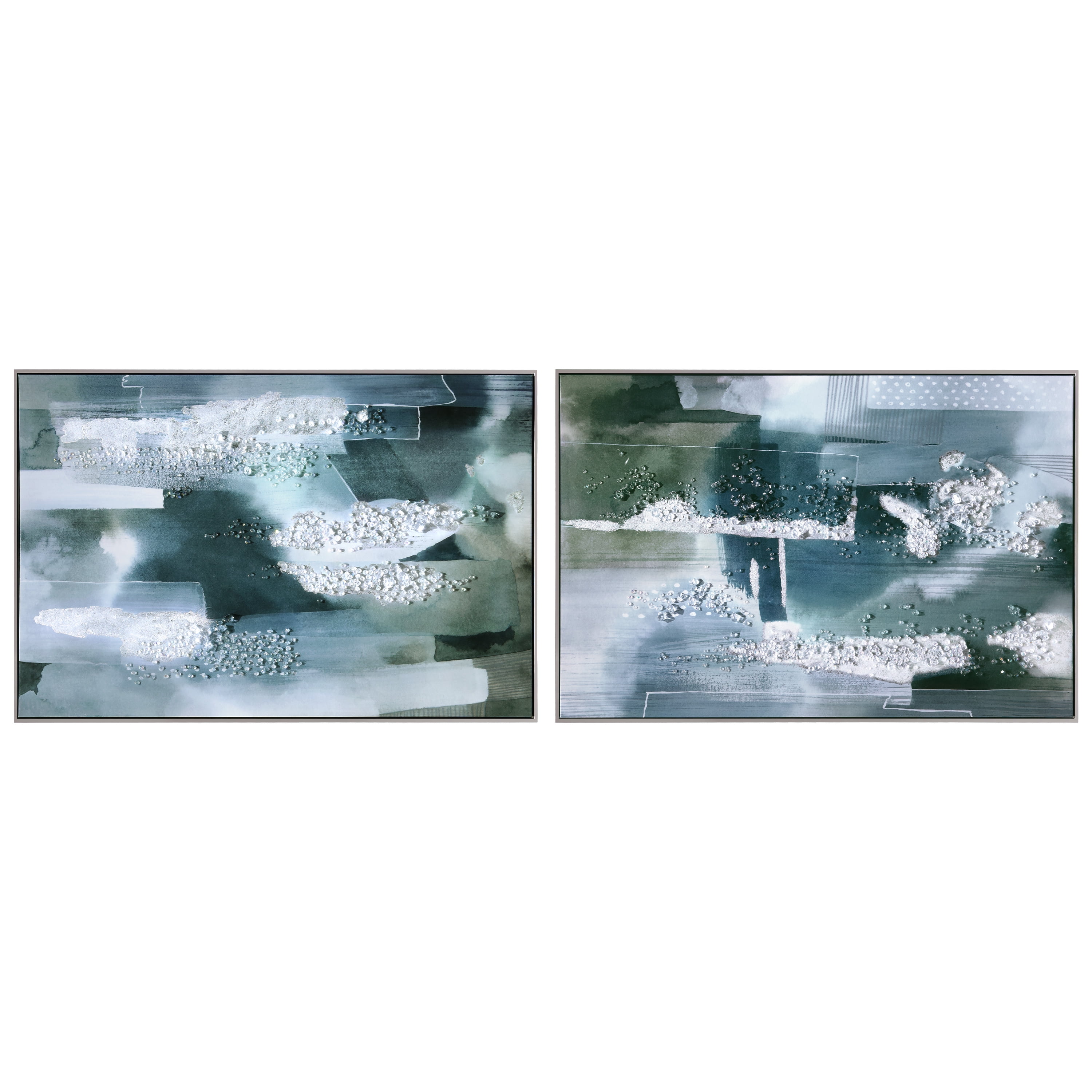 "Silver Mist I & II" Crystallus Epoxy Coated Wrapped Framed Glossy Canvas Wall Art with Heavy Acrylic Crystal Shards Embellishments, Silver Foil Accents