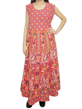 Mogul Women Fashion Red Paisley Cotton Maxi Dress Boho Chic Sleeveless Gypsy Style Long Dresses L