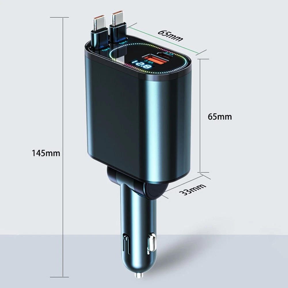 Retractable Fast Car Charger, 240W Car Charger with LED Display, 4-Port Fast Charging, USB PD & QC Compatible, 35.4inch Cable, Car Accessories for Phones/Tablets/Car Recorders (Black)