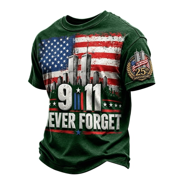 GIPQJK 9/11 We Will Never Forget 25th Anniversary T Shirts for Unisex American Flag Shirts Crew Neck Short Sleeve Tshirts We Will Never Forget 911 Memorial Tees,Dark Green S