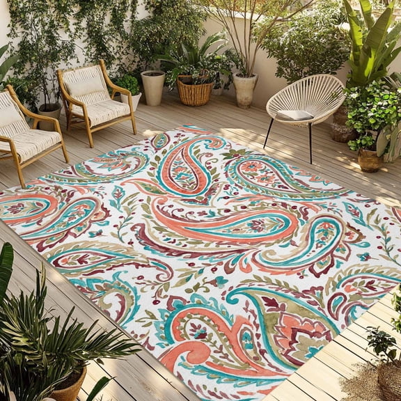 Paisley Flower Outdoor Rug for Patio/Deck/Porch, Non-Slip Large Area Rug 4 x 6 Ft, Spring Watercolor Floral Leaf Plant Orange Indoor Outdoor Rugs Washable Area Rugs, Camping Rug Carpet Runner