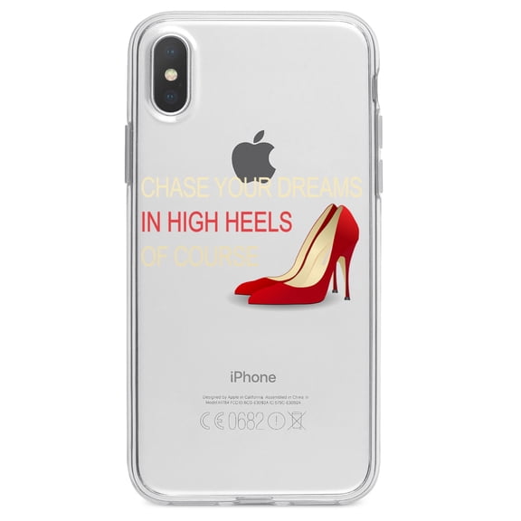 DistinctInk Clear Shockproof Hybrid Case for iPhone XR (6.1" Screen) - TPU Bumper Acrylic Back Tempered Glass Screen Protector - Chase Your Dreams In High Heels Of Course