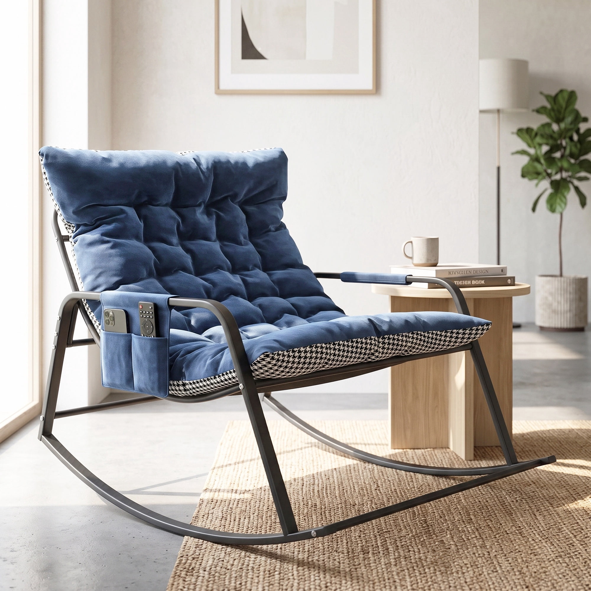 OMNIBERG Multifunctional Rocking Chair Nursery Chaise Lounge Chair, Glider Rocker with Side Pocket and Removable Cushion, Modern Accent Armchair with Footrest for Outdoor and Indoor, Blue
