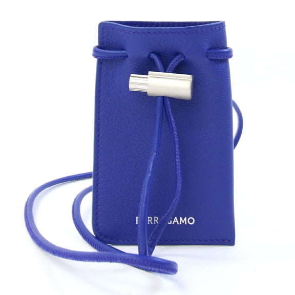Pre-Owned Salvatore Ferragamo neck pouch, blue leather pouch with strap, all leather, women's