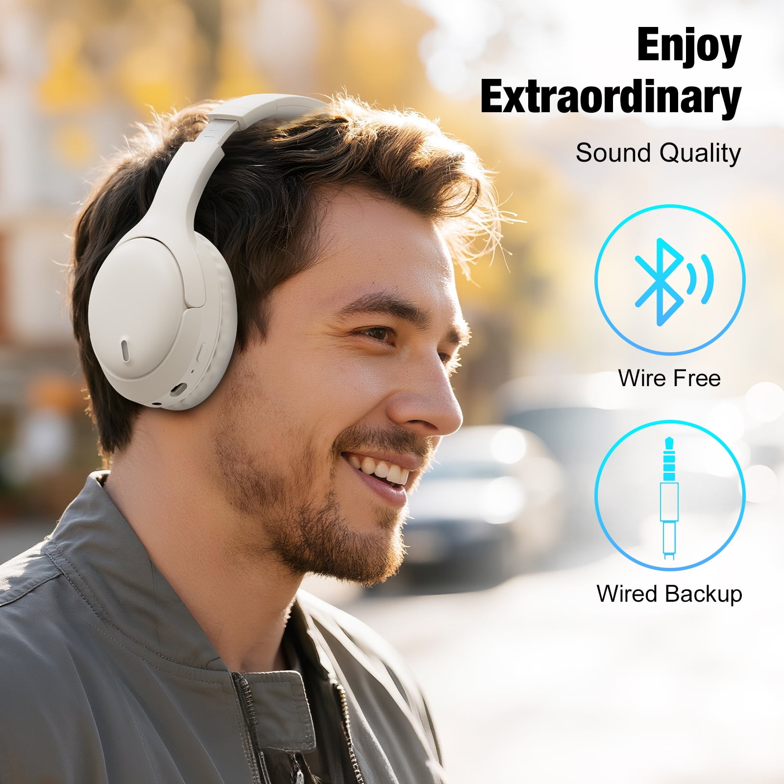 Headphones, AUOSHI Active Noise Cancelling Headphones, 55H Playtime, Wireless/Wired Bluetooth5.3 Over-Ear Headphones with Mic, Blocks Engine Noise, White thumbnail 8
