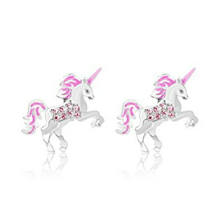 Children's Earrings - 925 Sterling Silver with a White Gold Tone Unicorn Pink Enamel Secure Screw Back Earrings Made with Swarovski Elements,