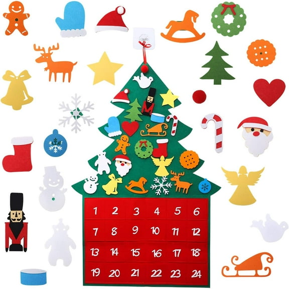HAOSHICS Felt Christmas Tree Advent Calendar 24 Days DIY Christmas Tree Ornaments Countdown Calendar with Transparent Adhesive Hooks