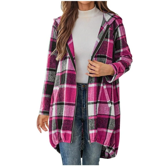 Edvintorg Winter Plaid Jackets for Women Fashion Casual Hooded Long Sleeve Long Cardigan Coat with Zipper Women's Outerwear Purple XL