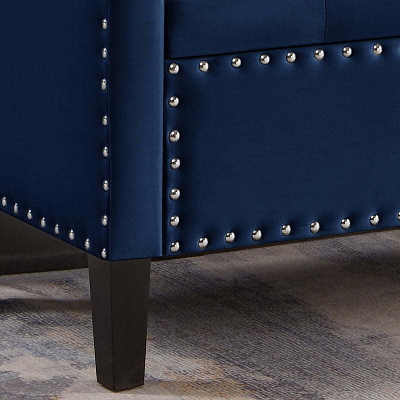 48” Velvet Storage Ottoman Bench with Armrest, Upholstered Tufted End of Bed Bench with Arms & Hidden Storage, Nailhead Trim Ottoman Bench for Entryway Living Room, Navy Blue