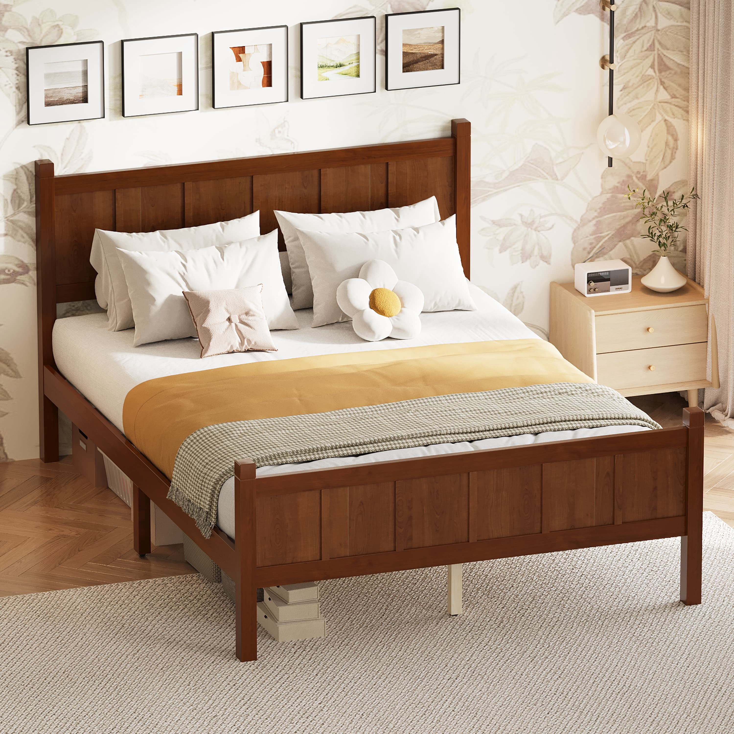 Euroco Wood Full Size Platform Bed with Headboard and Footboard, Dark Walnut