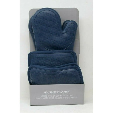 

Gourmet Classics 6-PC Kitchen Set with Silicone 2 Oven Mitts 2 Pot Holders Blue