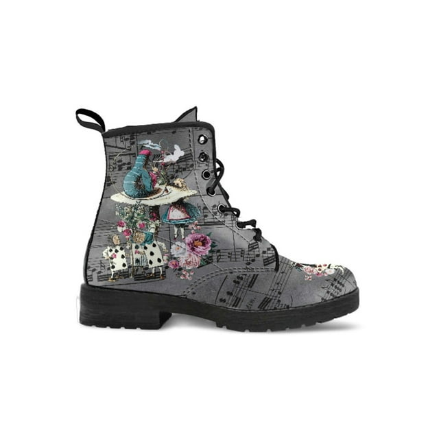 Woobling Womens Leather Boot Lace Up Ankle Boots Floral Short Bootie Non Slip Booties Work Gray Alice 7.5