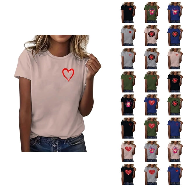 T-shirts de la Saint-Valentin pour Femmes 2026 à la Mode Manches Courtes Col Rond avec Cœur Graphique
