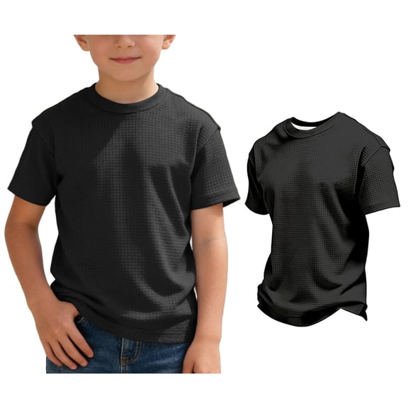 Kids T Shirts Short Sleeve Waffle Black Shirts for Boys Trendy Summer Tees Tops Boys Clothes 10-11 Years