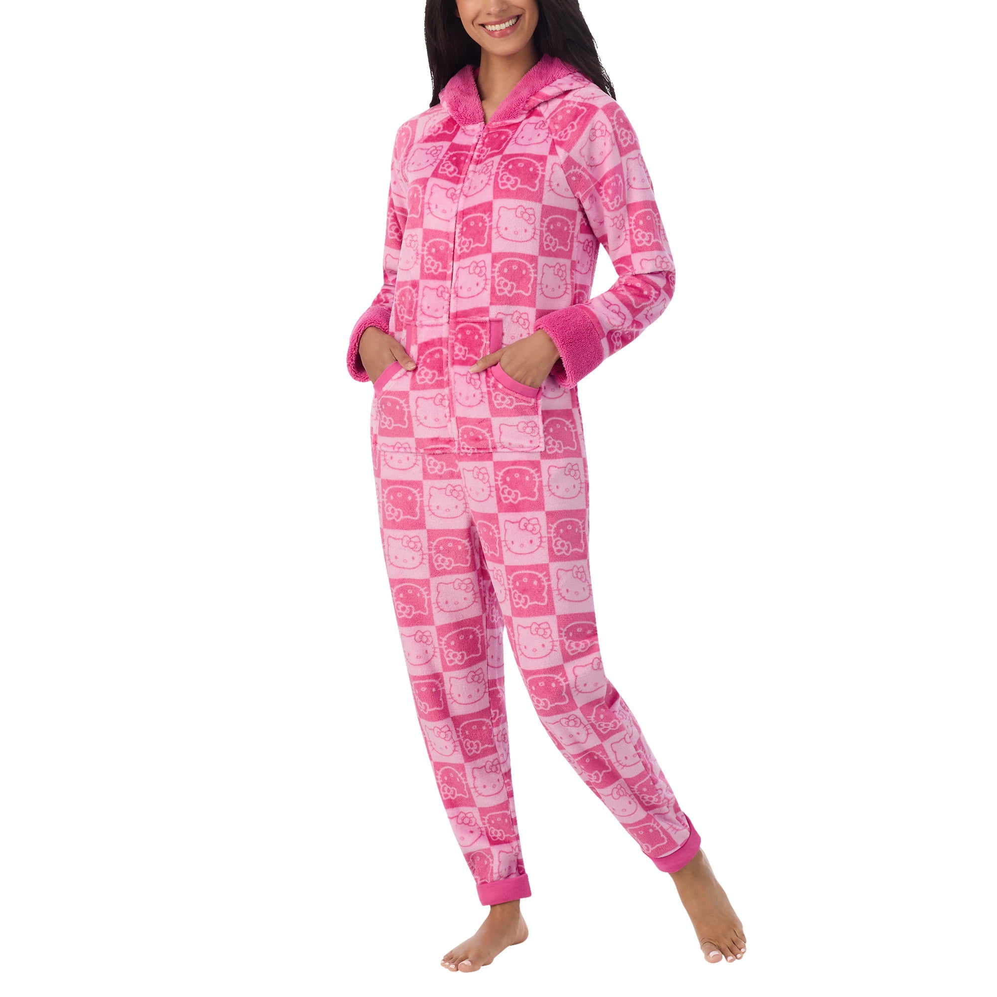 Women's One-Piece Onesie Cozy Lounge Fleece Pajama in Pink / Hello Kitty Sanrio (L)