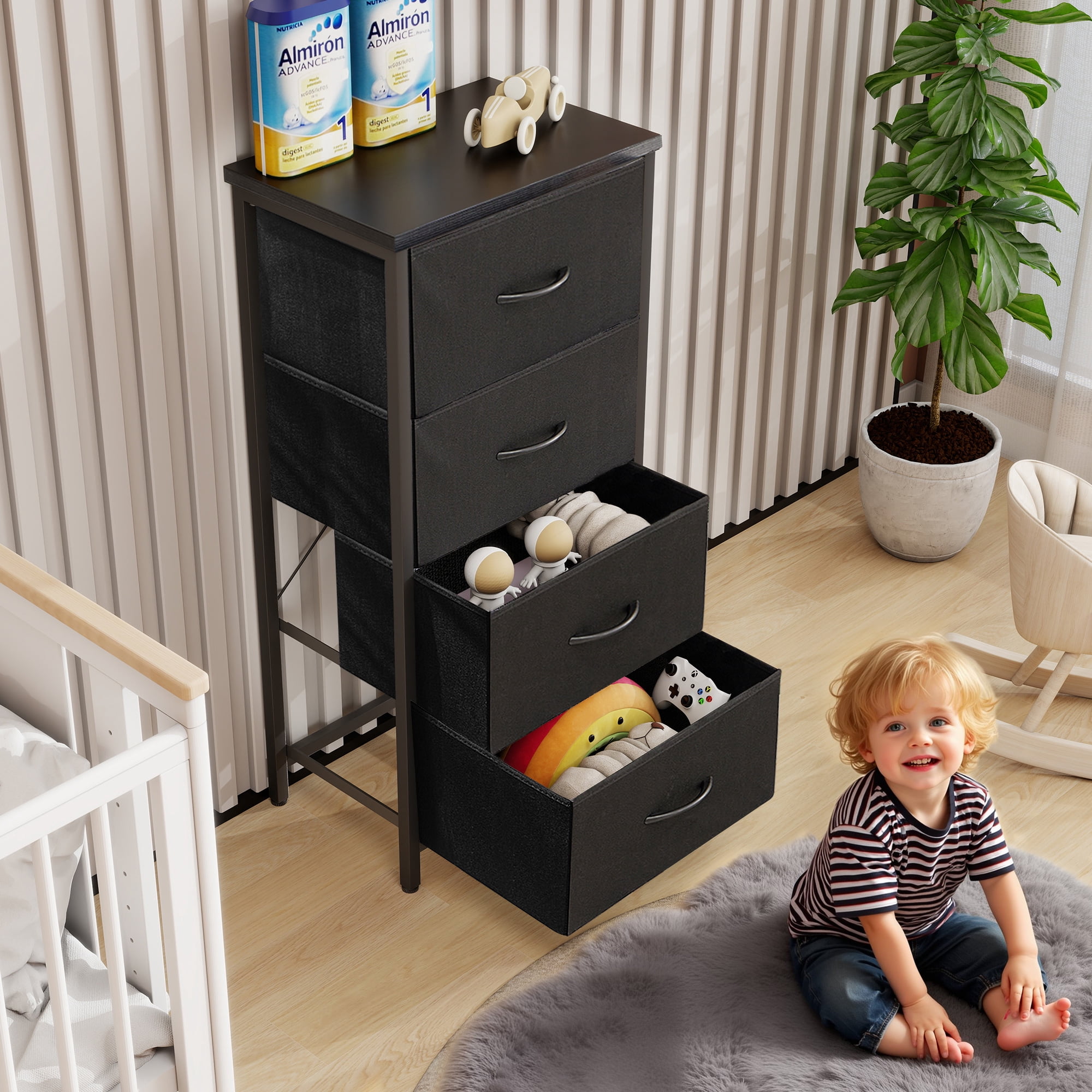 Nextay 4-Drawer Fabric Storage Dresser, End Table with Steel Frame & Wooden Top, Organizer Unit for Living Room, Entryway, Black