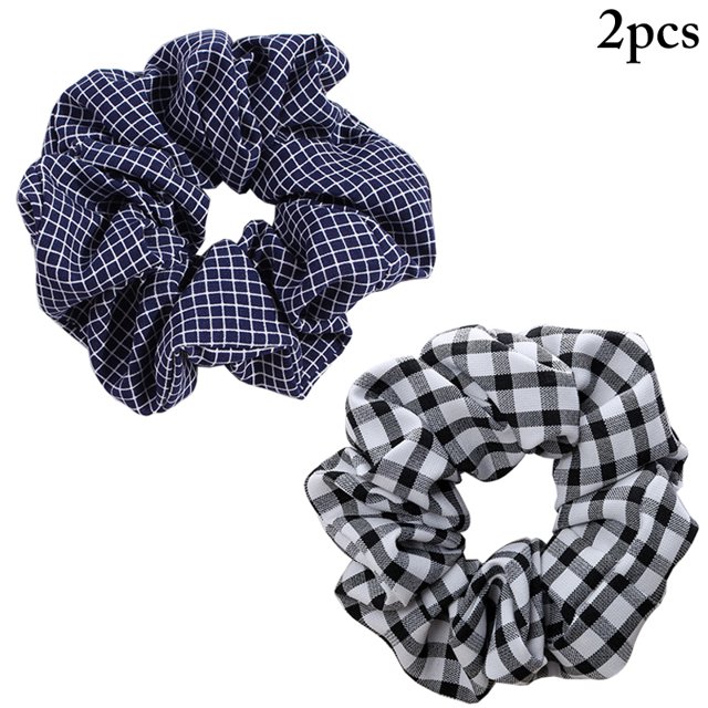 2PCS Dot Scrunchie Fashion Checked Houndstooth Stripe Hair Tie Ponytail Holder