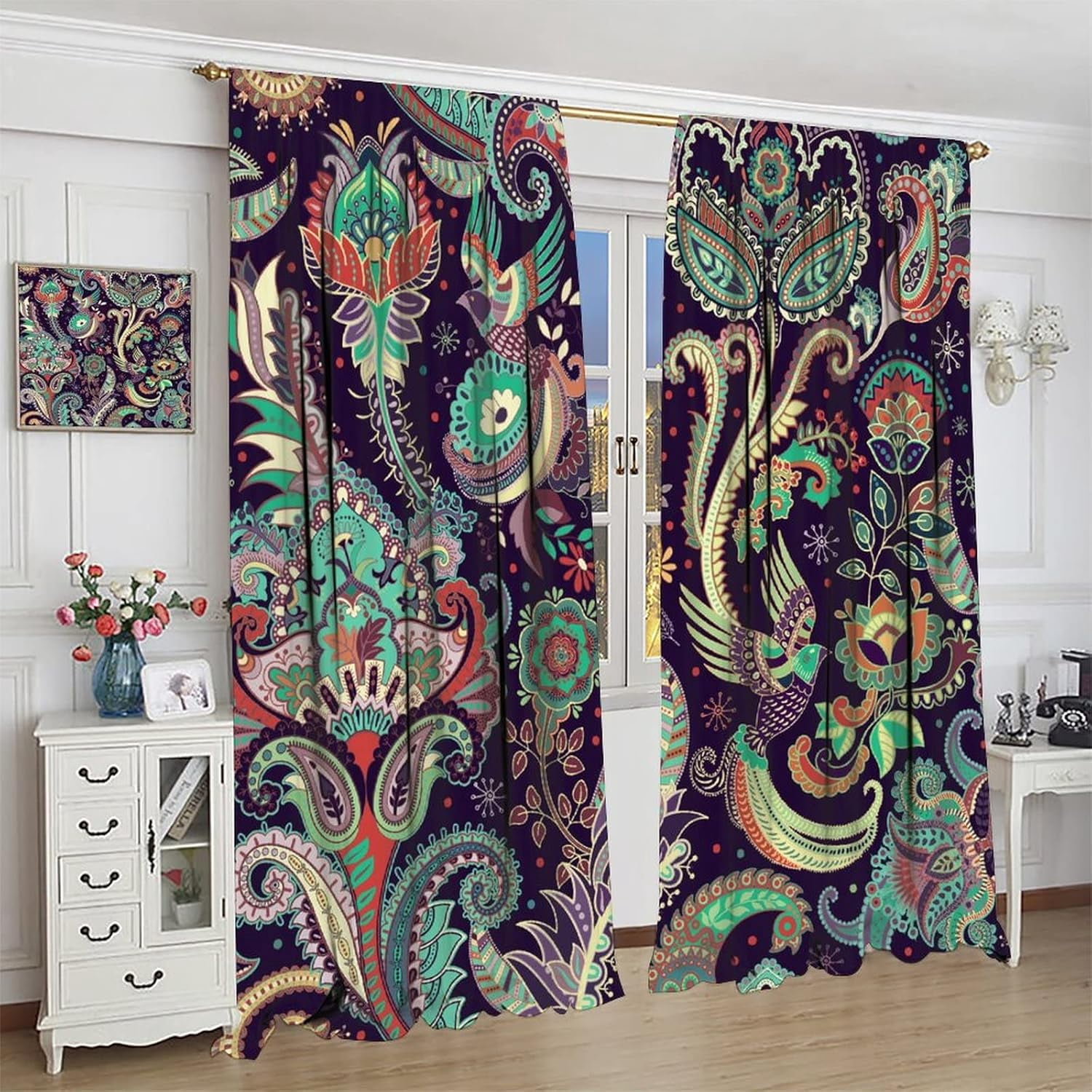 Boho Curtains, Traditional Geometric Ethnic Style Beautiful Floral Pattern, Blackout Curtains Living Room Bedroom Dim Room, 2 Panel Set, 42X84x2 in.