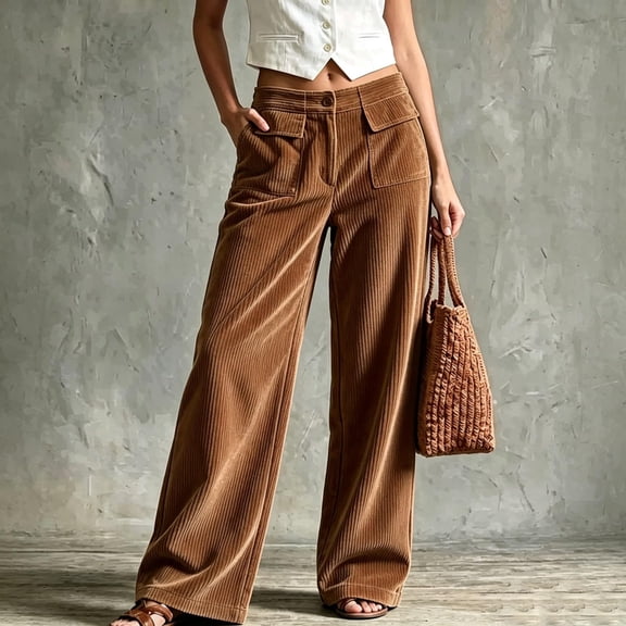 Bzdzmqm Women Plus Size Wide Leg High Waisted Corduroy Trousers with Pockets Casual Loose Long Pants Fall Winter Work Lounge Everyday Outfits, Brown L