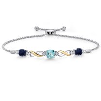 925 Silver and 10K Yellow Gold Sky Blue Topaz and Blue Sapphire and Lab Grown Diamond Bracelet for Women | 2.59 Cttw | Gemstone November Birthstone | Cushion Checkerboard 6MM | Fully Adjustable 9"