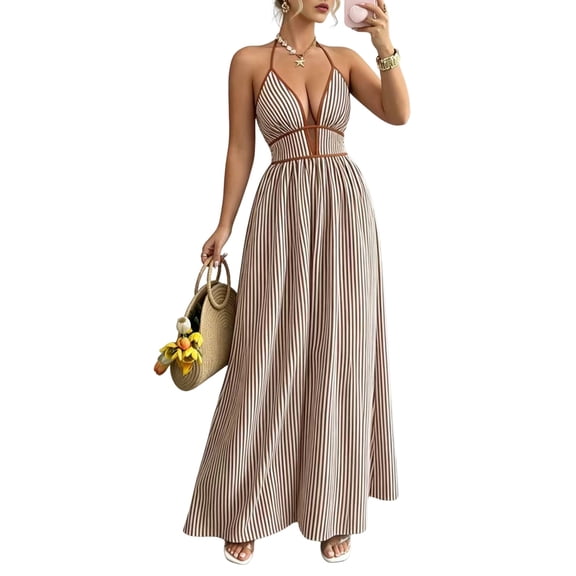 Women's Striped Halter Maxi Dress Backless Smocked Beach Vacation Boho Dress Khaki S