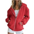 thumbnail image 2 of Otntypg Fall Jackets for Women Lightweight Casual Full Zip up Long Sleeve Hooded Pullover Sweatshirts Sherpa Fleece Lined Warm Hoodie Outwear Tops with Pockets Red XXL, 2 of 8