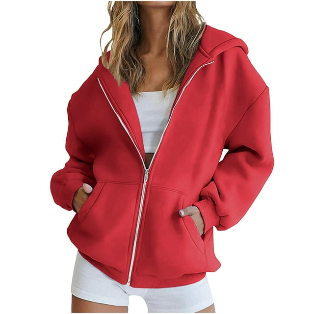 HAiming Veste à Capuche Zippée pour Femmes Grande Taille, Décontractée, à Manches Longues, avec Poches