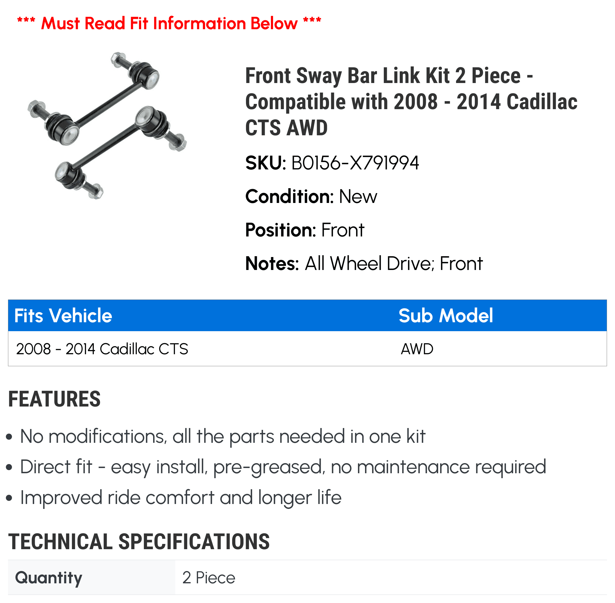 Front Sway Bar Link Kit 2 Piece - Compatible with 2008 - 2014 Cadillac CTS AWD 2009 2010 2011 2012 2013