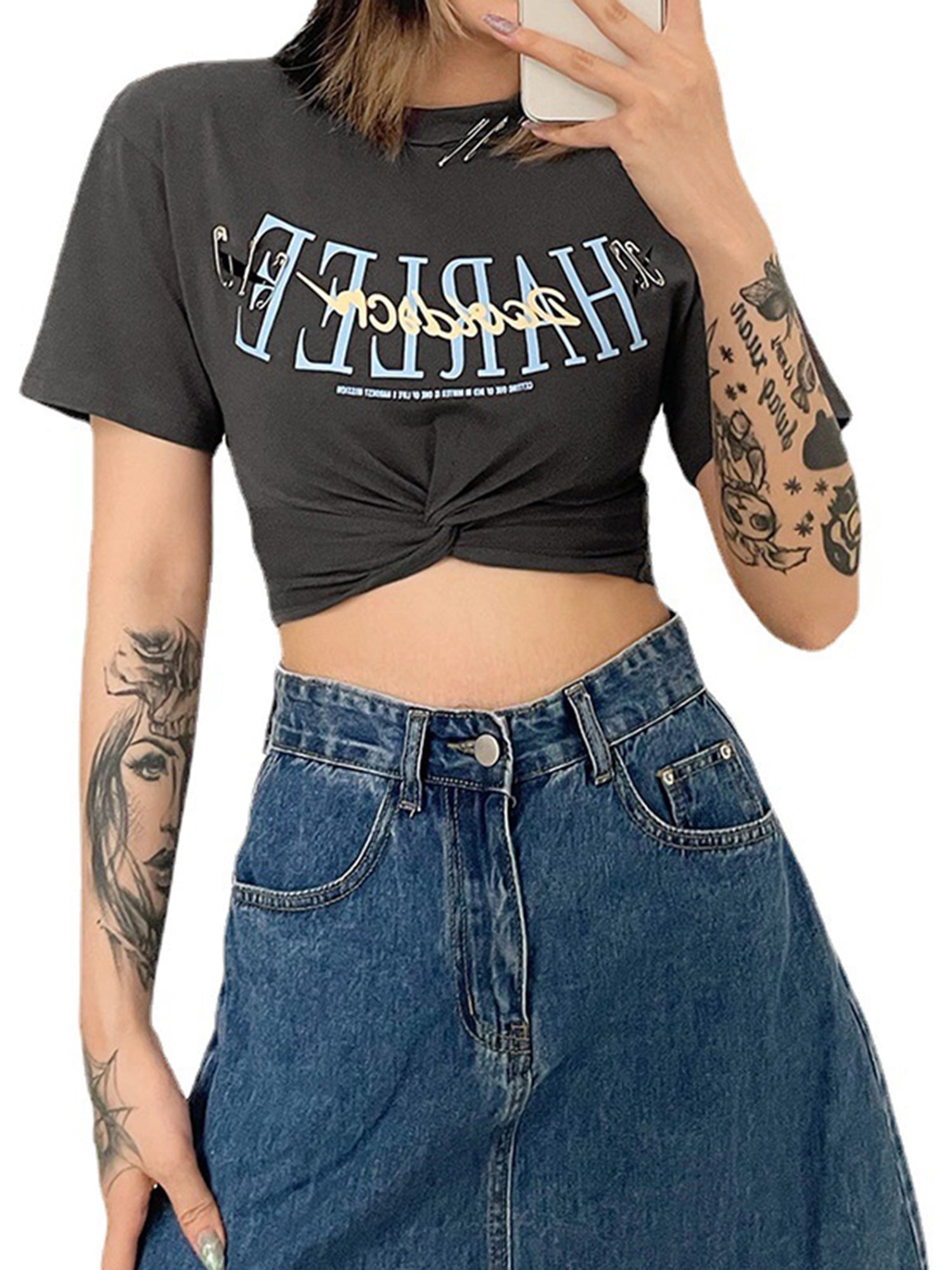 Womens Summer Short Sleeve Print Lineman Electric Telephone Crop Top T Shirt Teen Girls Black