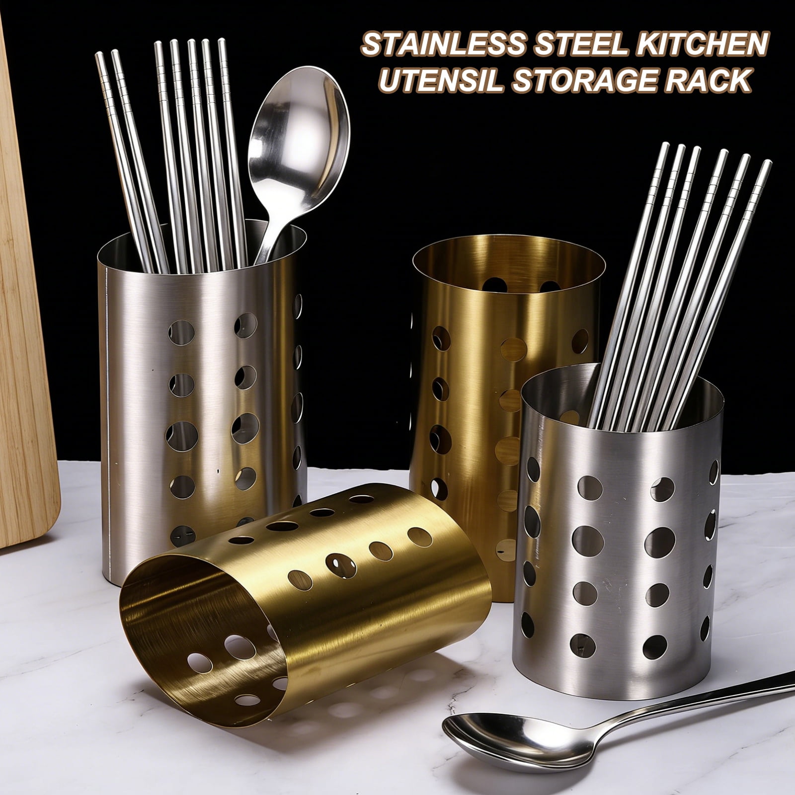 Uxcell Kitchen Utensil Holder, 3.9x5.5" Stainless Steel Utensil Cutlery Holder Round Flatware Organizer with Drain Hole for Kitchen Restaurant Countertop Straw, Spoon, Chopstick, Silver