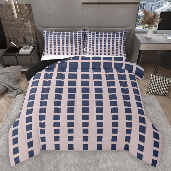 Feelyou Rectangle Abstract Men Bedding Comforter Set, Seashell Navy Checkered Twin Comforter Sets, Simple Fashion Style Reversible Bedding Set, Luxury Bedroom Decor, 2 Pieces