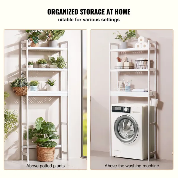 Over the Toilet Storage, 3-Tier Adjustable Over Toilet Bathroom Organizer, Bamboo Storage Shelf Rack with 3 Hooks, Freestanding Easy Assembly Laundry Space Saver, Fit Most Toilets, White