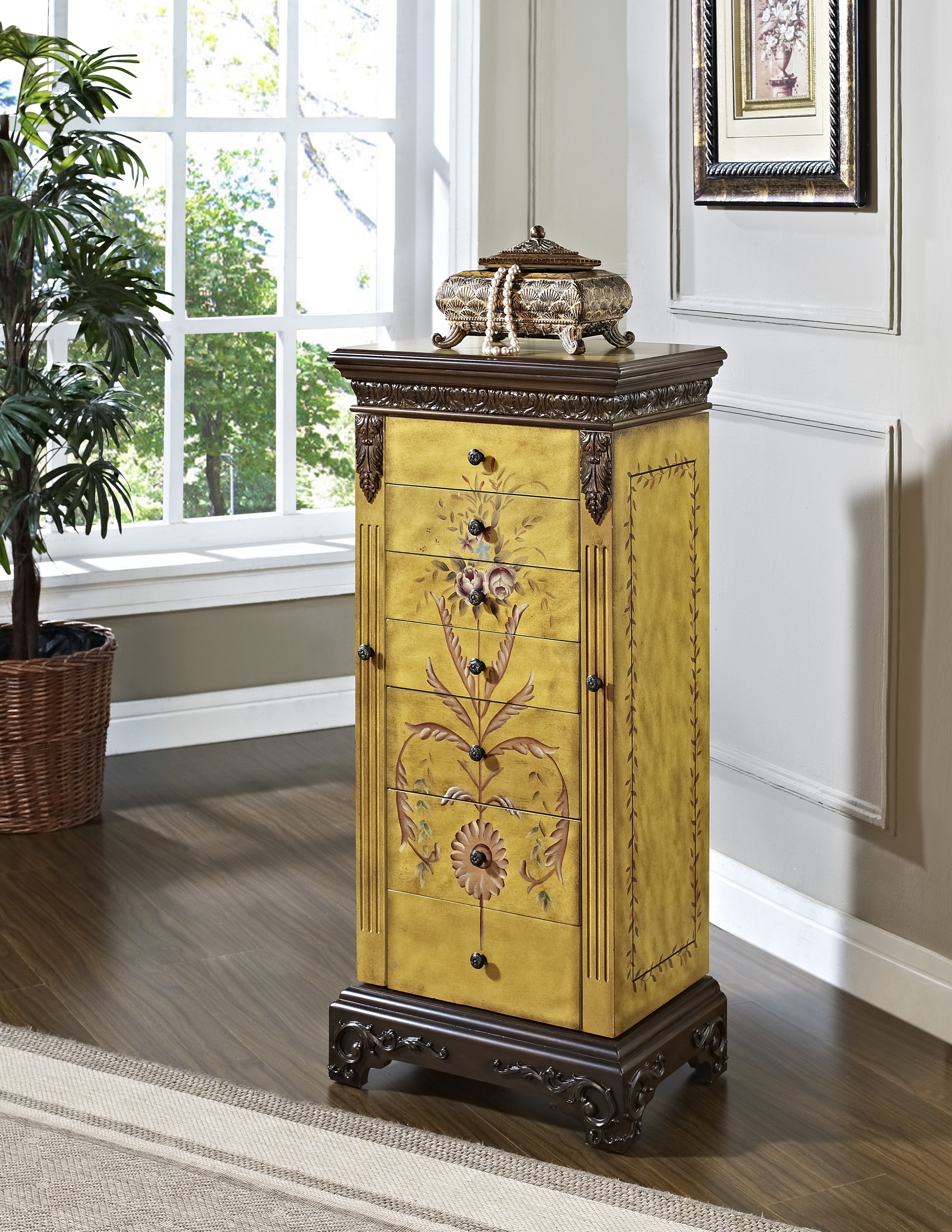 Saltoro Sherpi 7 Drawer Hand Painted Jewelry Armoire with Flip Top, Yellow and Brown