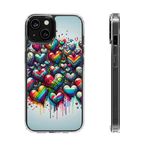 DistinctInk Hybrid (Acrylic / TPU) Clear Slim Fit Case for Apple iPhone 14 (6.1" Screen) - "Lively Love: Graffiti Hearts in Rainbow"