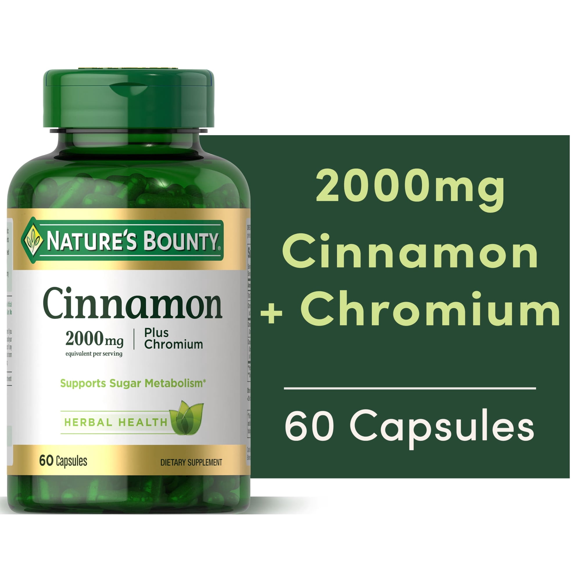 Nature's Bounty Cinnamon 2000mg Plus Chromium Capsules, Blood Sugar Metabolism Support, Herbal Health Supplement, 60 Count